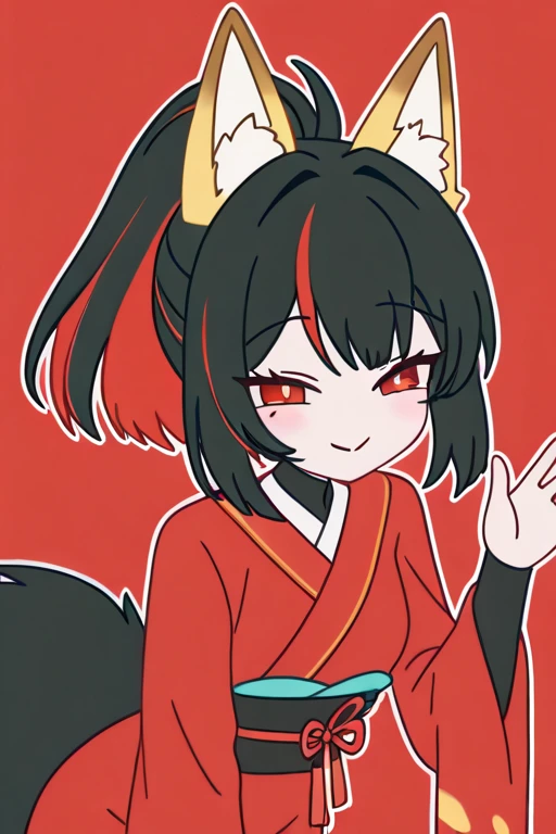 masterpiece, high quality, detailed rendering, 1 girl, Yuan Zhun, fluffy fox ears, multiple silky fox tails, long black hair with colored highlights, high shiny ponytail, bright red eyes, sweet smile, blushed cheeks, traditional red kimono with yellow details, Obi yellow, poses elegantly, fox tails waving softly, clean minimalist background, outline style, white outline
