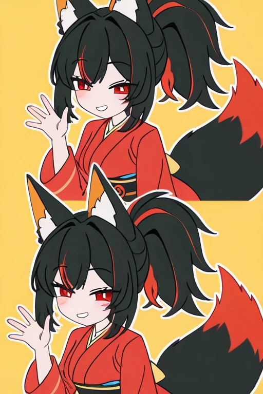 masterpiece, high quality, detailed rendering, 1 girl, Yuan Zhun, fluffy fox ears, multiple silky fox tails, long black hair with colored highlights, high shiny ponytail, bright red eyes, sweet smile, blushed cheeks, traditional red kimono with yellow details, Obi yellow, poses elegantly, fox tails waving softly, clean minimalist background, outline style, white outline