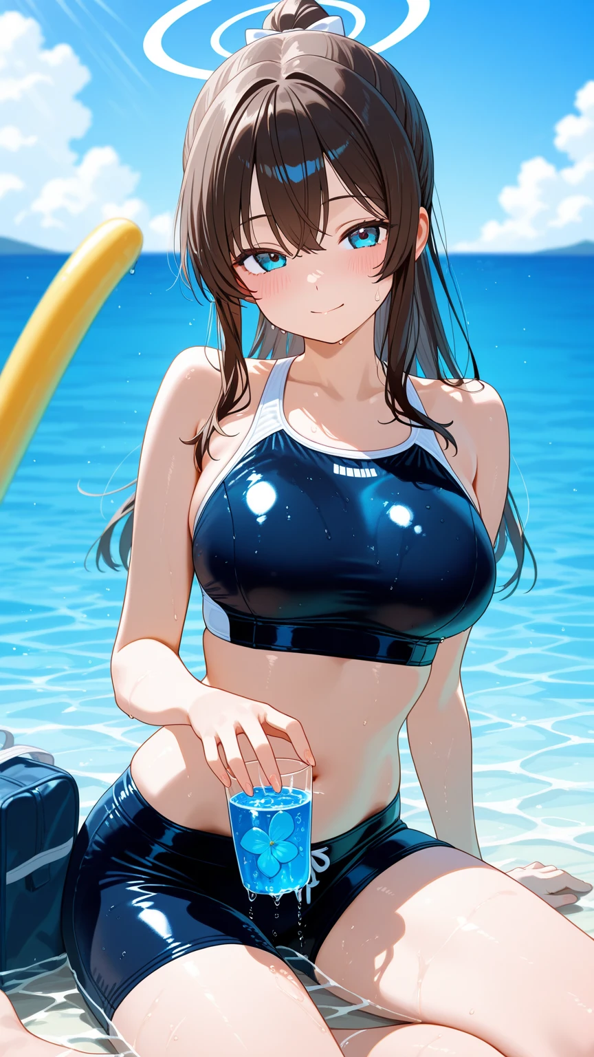 Girl, cute, adorable, from chest to head, smiling, straight hair, long hair, black hair, clear weather, standing, sweat, sunlight, looking at the camera, looking up at us, pool, daytime, wet, bikini, extending only her right hand holding a water bottle towards us