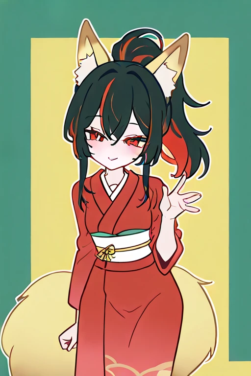 masterpiece, high quality, detailed rendering, 1 girl, Yuan Zhun, fluffy fox ears, multiple silky fox tails, long black hair with colored highlights, high shiny ponytail, bright red eyes, sweet smile, blushed cheeks, traditional red kimono with yellow details, Obi yellow, poses elegantly, fox tails waving softly, clean minimalist background, outline style, white outline