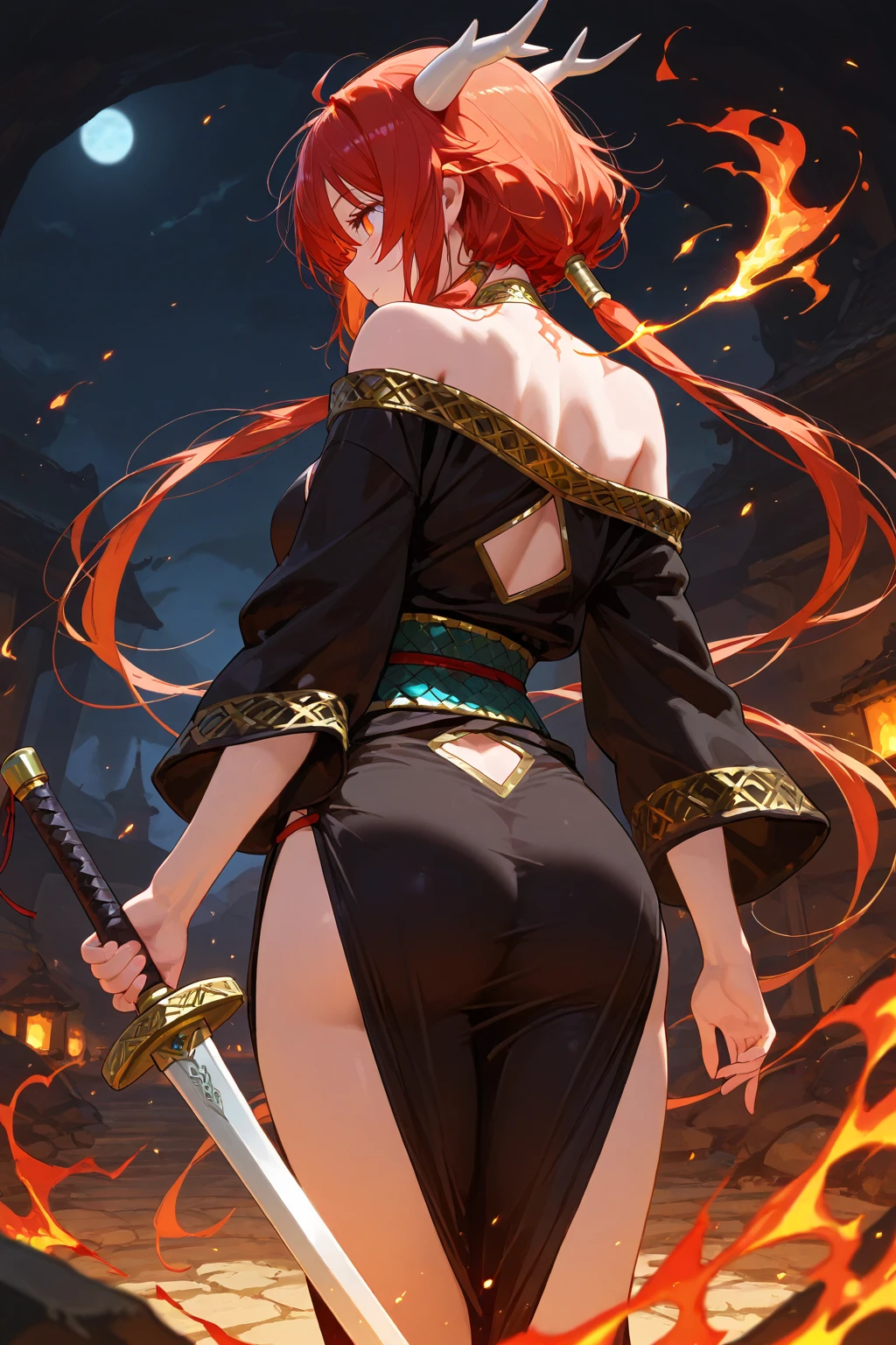 Young adult with red hair, metallic grey eyes and mixed skin. She has a well-pronounced backside, with large F-cup breasts. She wears a tight kimono-style evening dress with semi-feather detailing, black accents and gold trim, giving her a virtuous and elegant appearance. She is sitting on the edge of a volcano, surrounded by dramatic scenery. The scene is detailed and professional, capturing a mix of grace, intensity and charm. On a starry night.