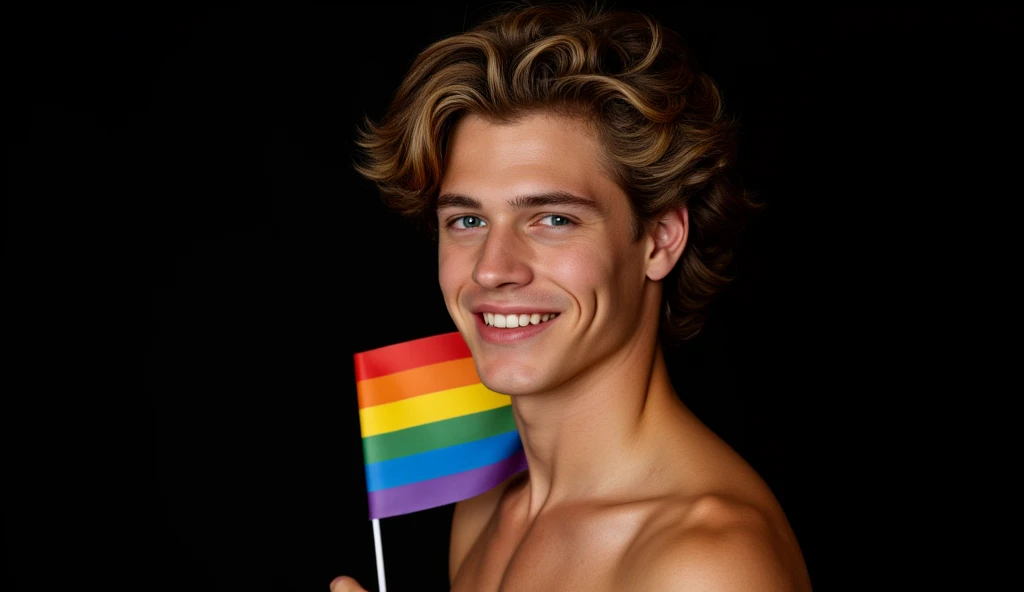 1man, holding LGBTQ+ flag, gay, red lips