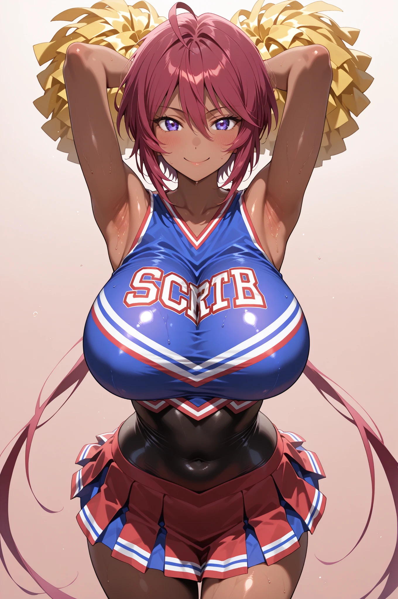 Alluring expression、Cheerleader、Ultra-detailed illustrations、Ultra-precise expression、masterpiece、Highest quality、ultra High resolution、High resolution、Hiromitsu Takeda Style、White background、Simple Background、One girl、solo、Mash Kyrielight、light purple hair、short hair、hair over one eyes、Purple eyes、Open your mouth、Large Breasts、Big Breasts、Erect nipples、Choker of Hearts、White Breath、Sweat、Glowing Skin、shiny skin、Front angle、View your viewers、stand、