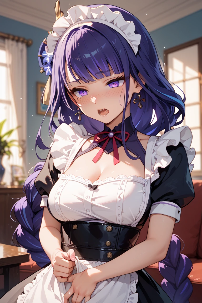 Blue-violet hair、Two braids、Open-chested maid outfit、Black rabbit ears、Big Breasts、Guard Belt、Sticking out tongue、Black maid outfit、White Skirt、Short sleeve