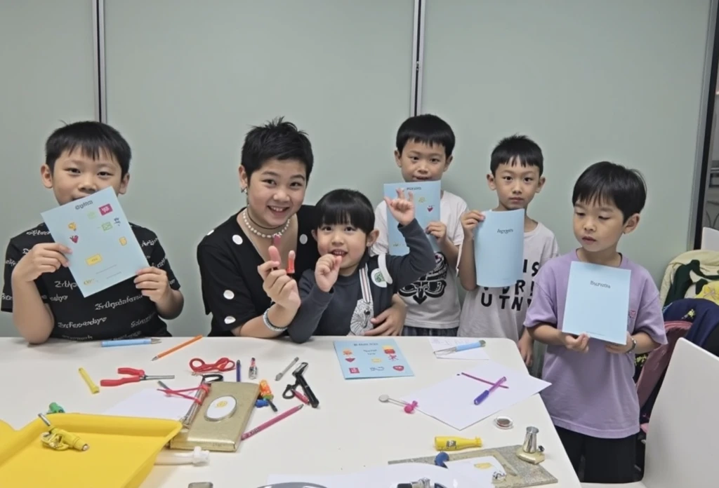 Photo of Indonesian children and Indonesian speech therapists. The therapist holds flash cards and the responds. smile. Indonesian people. 4k ultra realistic. mid shot