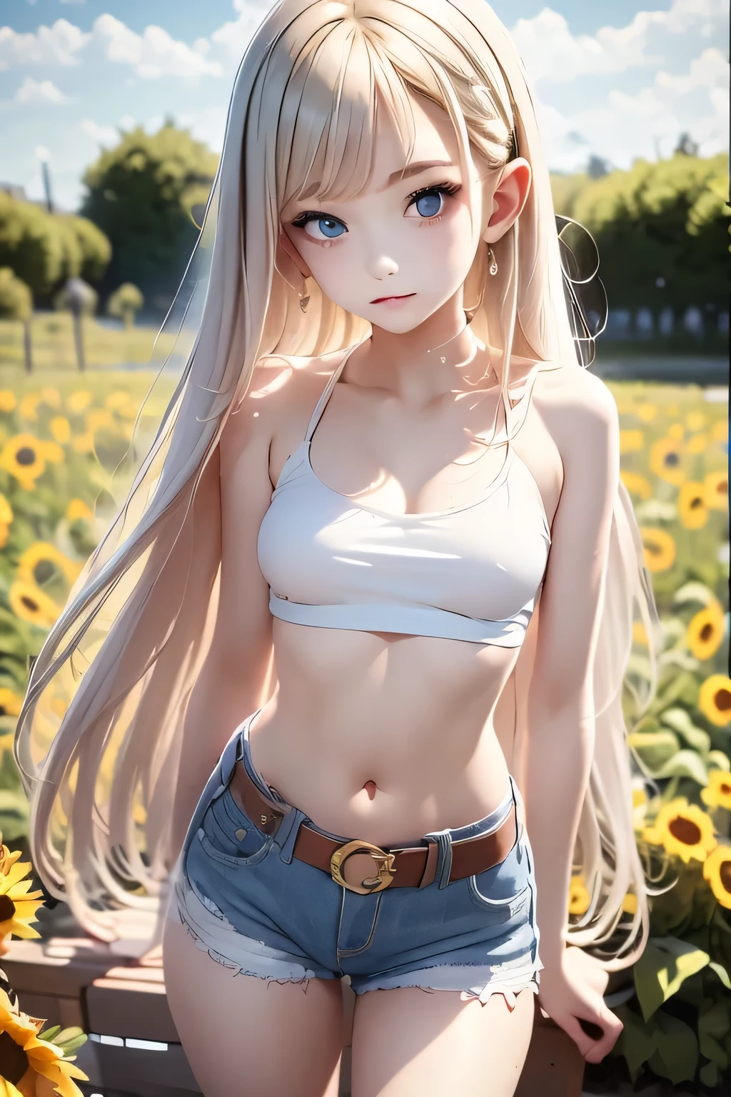 (masterpiece, top quality), one girl with long white hair sitting in a field of green plants and flowers, warm moonlight, blurry foreground, loli, river bank, bra shorts, odd eyes
