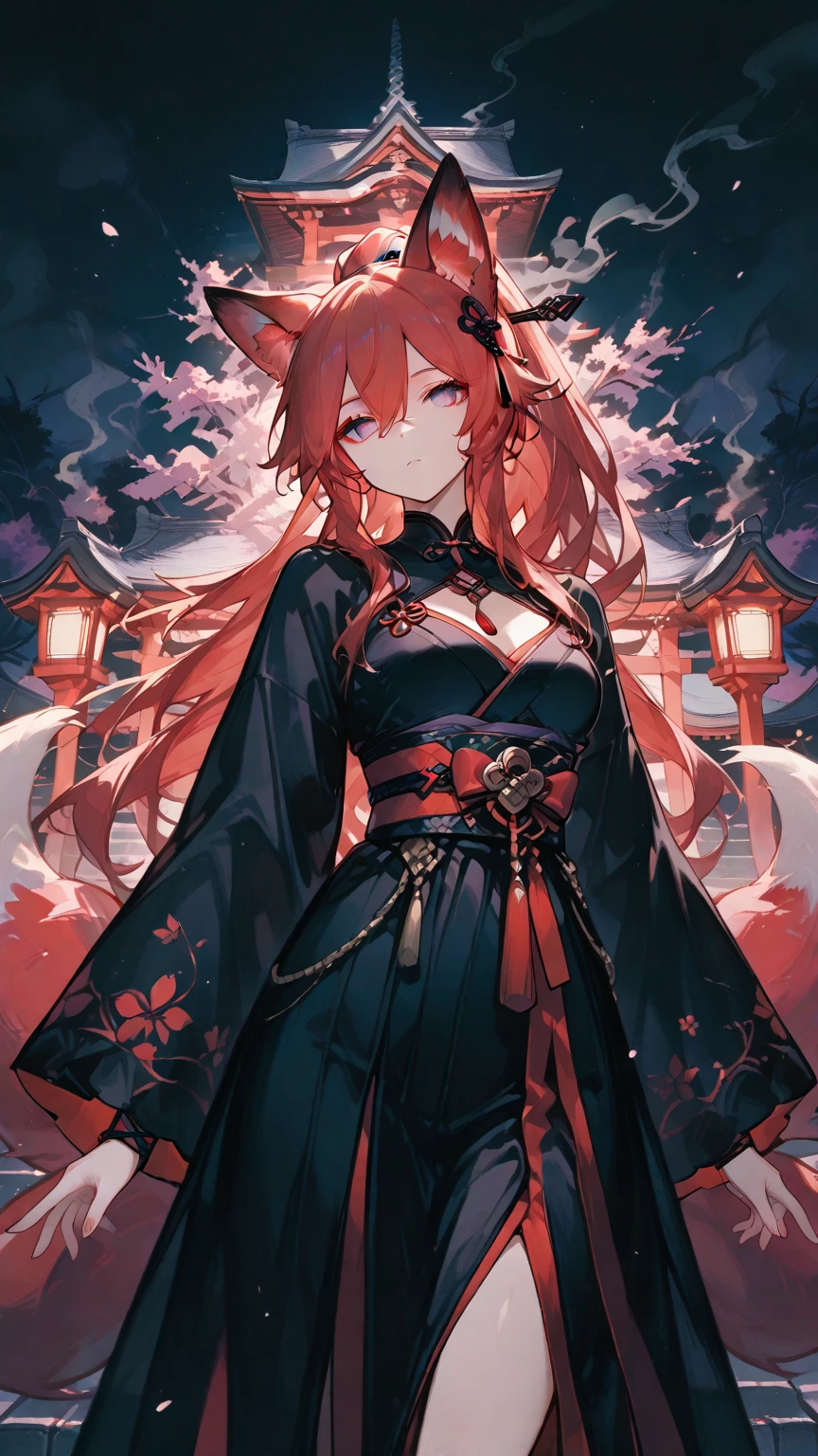 masterpiece,best quality,Chinese martial arts style,an asian night scene with lanterns and water lilies,asian pond with many lanterns and boatsa night scene with many lights and boats in the water, Lake surface, lotus flowers,beautiful night scene,(((Chinese martial arts style))), with vast sky, continuous mountains and steep cliffs, ink wash style, outline light, atmospheric atmosphere, depth of field, mist rising, bamboo, pine trees, octagonal stone pavilion, waterfall flowing water,big full moon,(No color) , Monochrome, light color,1 girl, red eyes, red hair, medium ??????, glowing red eyes,