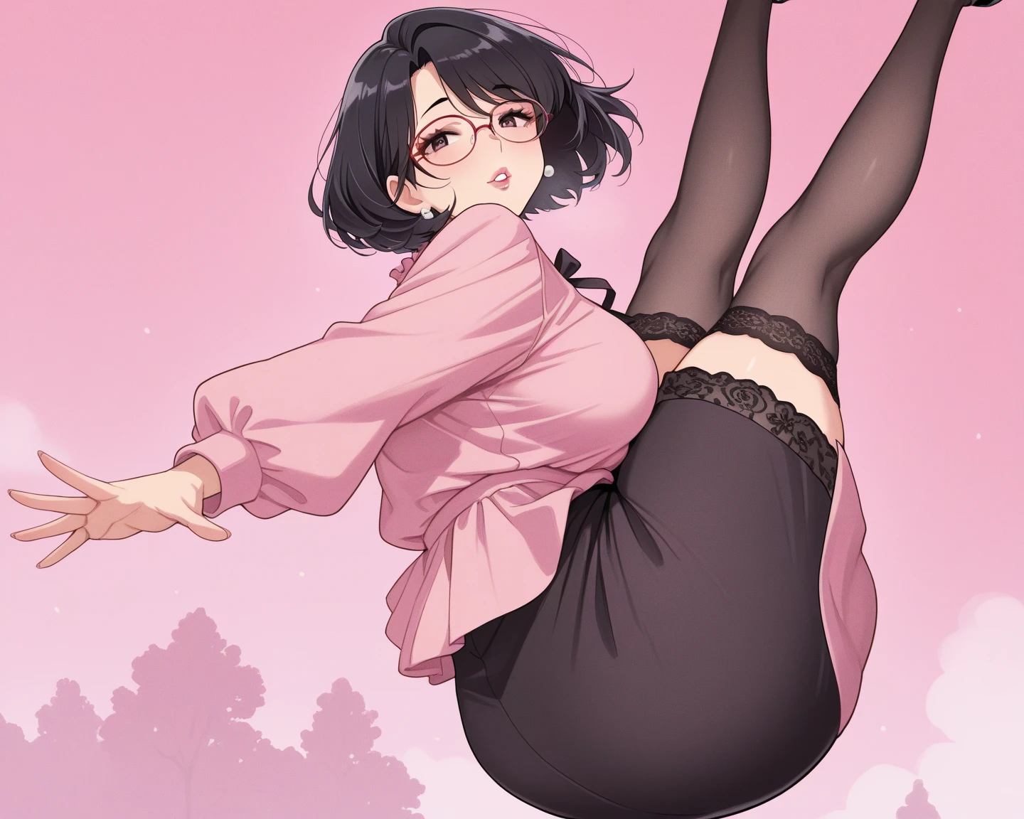 masterpiece, Highest quality, so beautiful, Absurd,
One girl, alone, Black Hair, Bobcut,
Thermont 16A, Glasses,
Collared shirt, flare skirt、Happy, smile, Sticking out tongue、whole body、Standing with your legs apart、Standing on two legs、View your viewers, White Background, Simple Background,被写体のwhole bodyが映る、NSFW、One girl, alone,