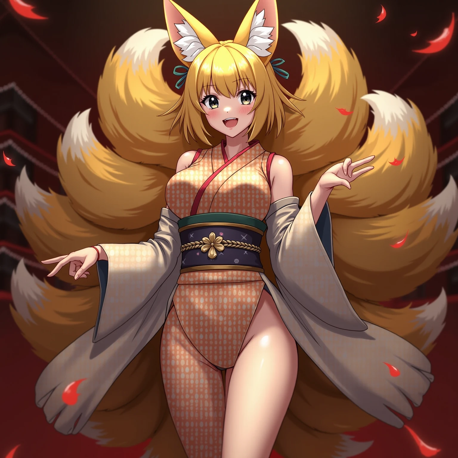sfw, 1girl, huge breasts, large areolae, wide hips, dog ears, dog tail, dog girl, (blonde hair, low-tied long hair:1.2), (Sienna eyes:1.2), pink tunic, glasses, lace-up boots, standing split, Bamboo Forest,Tall bamboo, swaying leaves, lush vegetation, serene atmosphere, Japanese influence, nature hike, zen retreat, calm ambiance <lora:setmen:1>