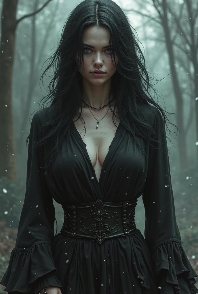 gothic teenager with big breasts with little clothes, in the snow, long black hair, necklace on her neck, painted nails, full body, beautiful, striking, attractive, well detailed, painted nails, spectacular image