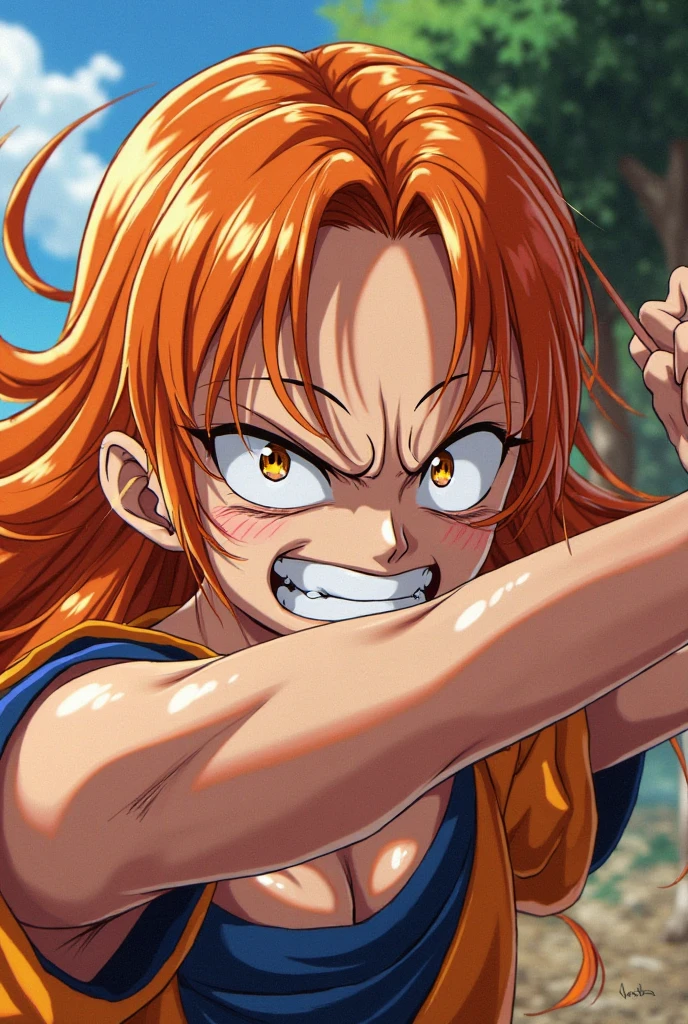 1girl, solo, orange hair, angry, hair ornament, nami (one piece), tattoo, long hair, flower, hair flower, japanese clothes, clenched teeth, teeth, kimono, injury, brown eyes, ((medium quality)), ((medium quality))