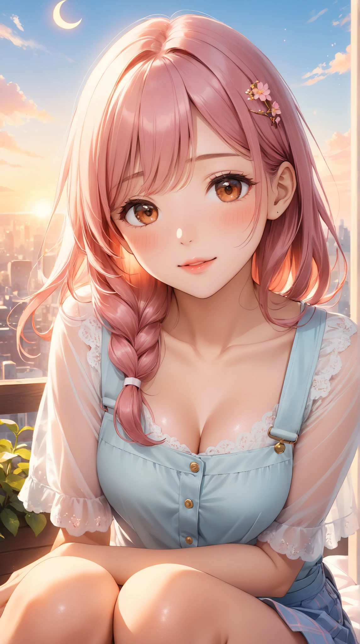 ((Highest quality, 8k, masterpiece :1.3)), (Sharp focus :1.2, Beautiful woman with perfect figure :1.4, Slim Abs), ((Big Breasts, Emphasize cleavage:1.2)), (Photorealistic:1.4), (realistic:1.4), (Pink Hair:1.5), Highly detailed face and skin texture, Fine grain, double eyelid. Makeup face, A little bit of lipstick, sex appeal, Sexy gravure pose, ((Yellow checked skirt and white blouse、The background is a row of cherry blossom trees、A high school girl smiling lightly、Heart Necklace。:1.3)