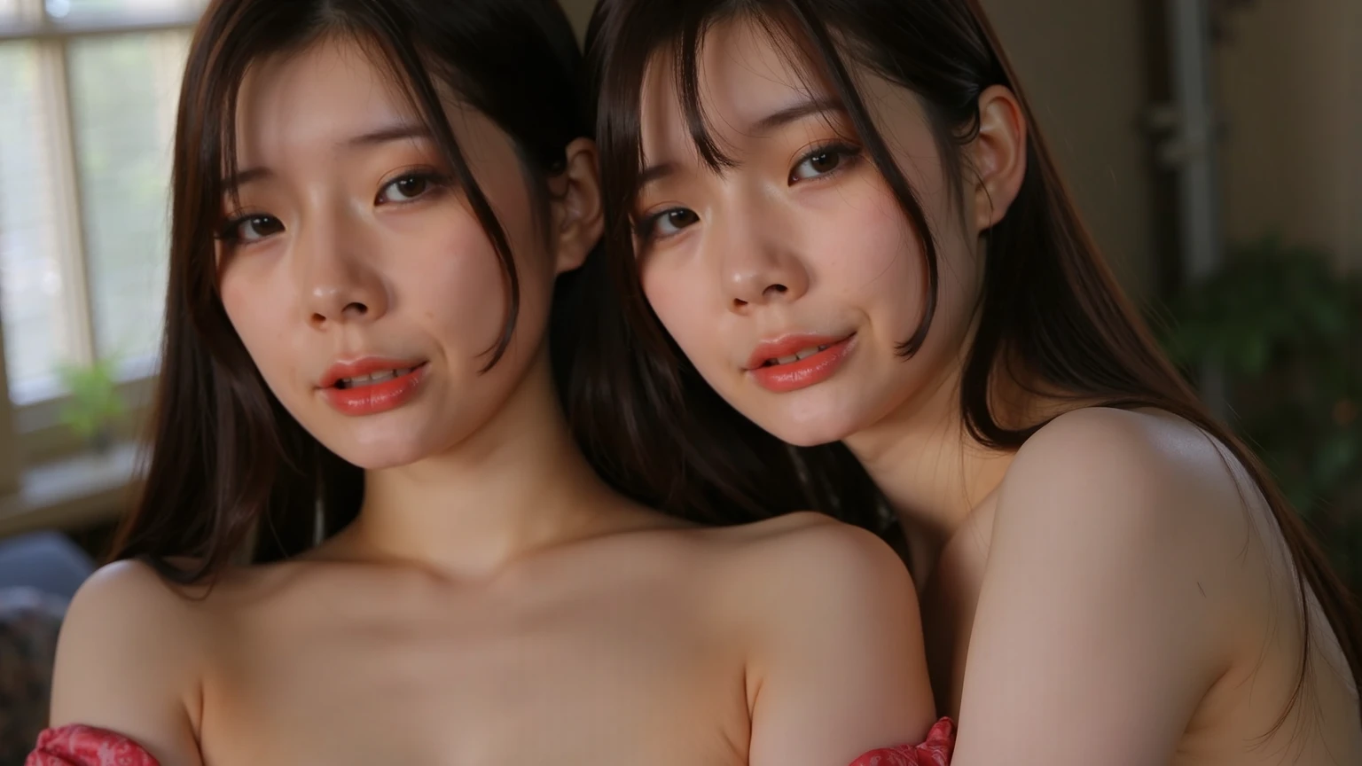 Fille magnifique, Beau, baby face, 20 ans, asiatique, peau blanche, seins colossaux, look sexy, Oeil marrons, Muscles, ;artwork, photo de tout le corps, cheveux rose, naked, hugging a man