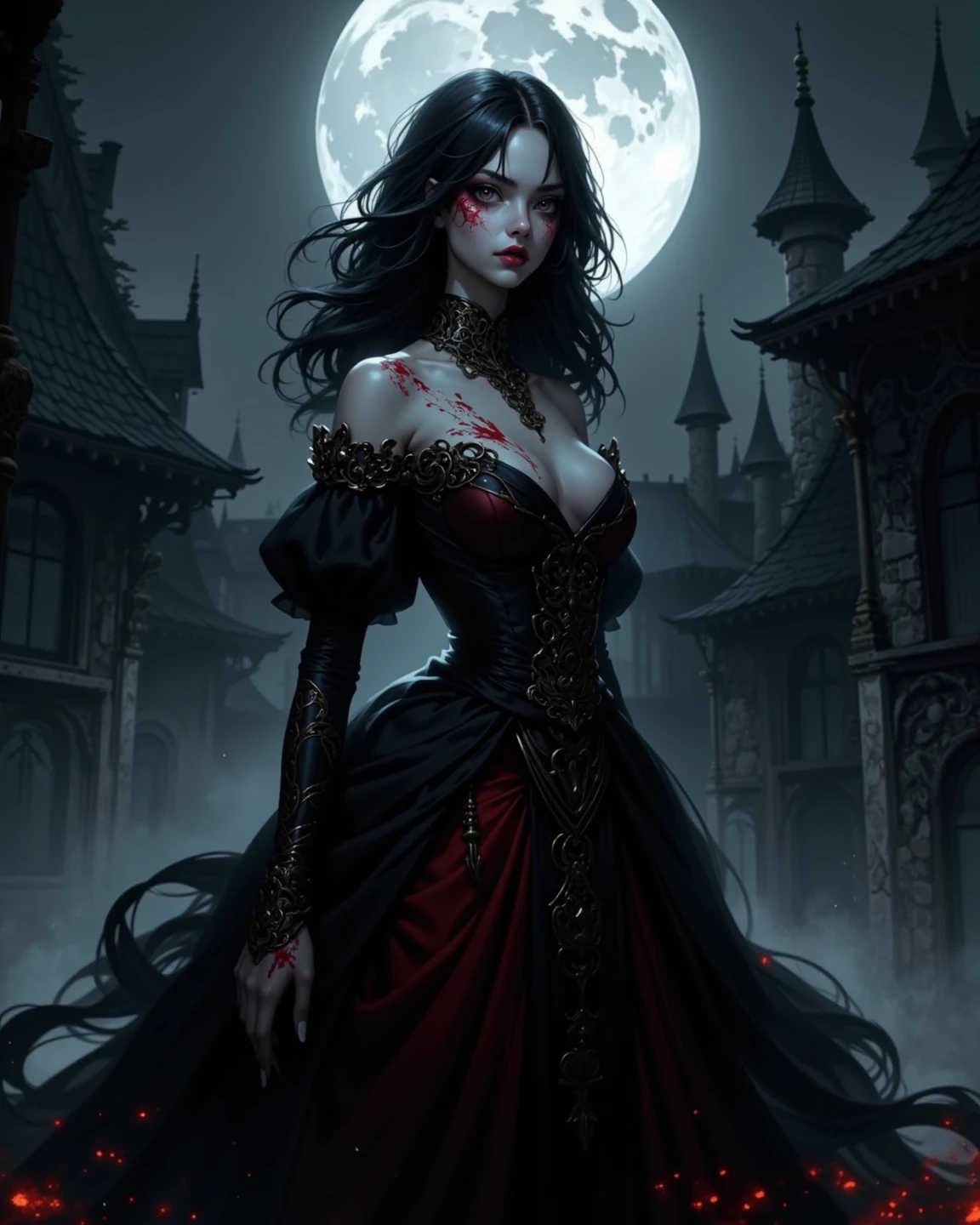 fantasy art, gothic art, (masterpiece:1.5), full body best details, highly detailed, best quality, Glowing Purple, highres, full body portrait of a vampire, elf (Masterpiece, best quality: 1.6), ultra feminine, wizard, (intricate details, Masterpiece, best quality: 1.5) with a long curvy hair,  black hair hair, (red: 1.2) eyes, (fantasy art, Masterpiece, best quality), ((beautiful delicate face)), Ultra Detailed Face (intricate details, fantasy art, Masterpiece, best quality: 1.5), [[vampiric fangs 1.5]] (red cloak: 1.3) , flowing cloak (intricate details, fantasy art, Masterpiece, best quality: 1.3), wearing an intricate (blue:1.3) dress (intricate details, fantasy art, Masterpiece, best quality: 1.5), high heeled boots, urban background (intense details, beat details), fantasy, at night light, natural ,moon light, clouds, gothic atmosphere, soft light, dynamic light, [[anatomically correct]], high details, best quality, 8k, [ultra detailed], masterpiece, best quality, (extremely detailed), dynamic angle