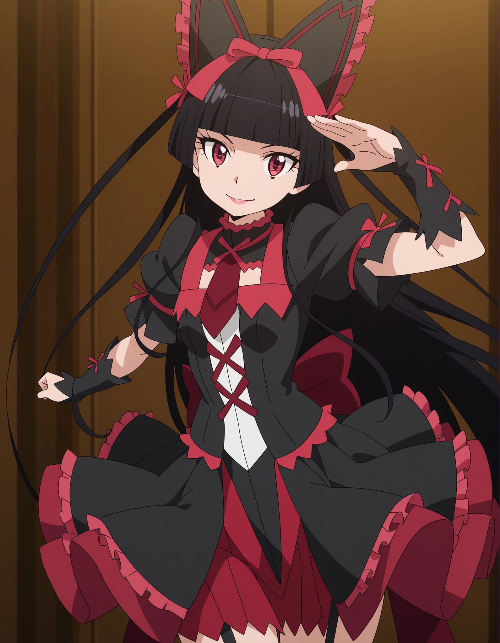 masterpiece, best quality, amazing quality,, rory mercury, long hair, black hair, red eyes, bangs, blunt bangs, hime cut, mature female, small breasts, anime screencap, dynamic pose, cowboy shot,