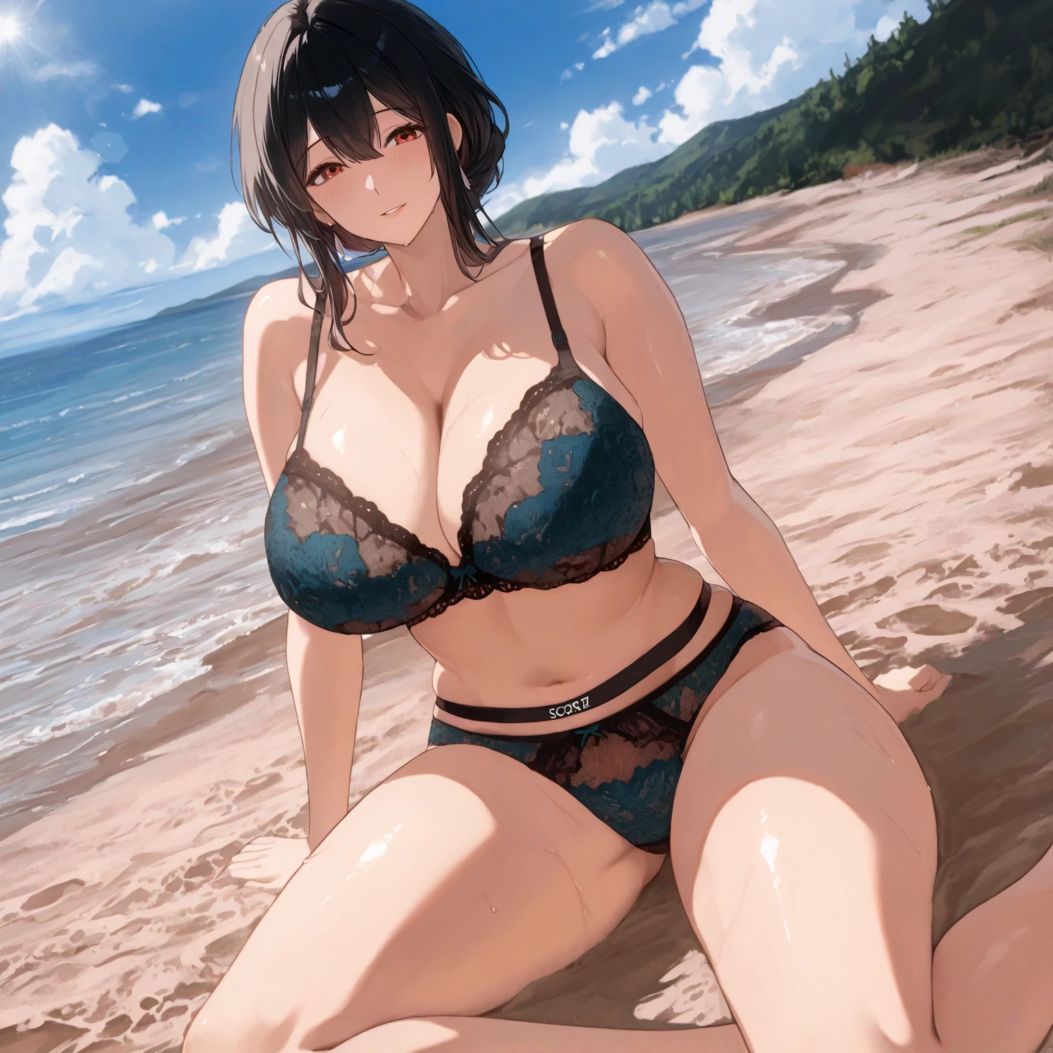 1girl, short length black hair, red eyes, fat breasts, big thighs, wearing pink see through lingerie, beach paradise, absurdres, high res, ultrasharp, 8K, masterpiece, looking at viewer, smiling, pink choker, blushing, 2hands, 2legs, skinny stomach, multicolored hair, see through lingerie, flirty