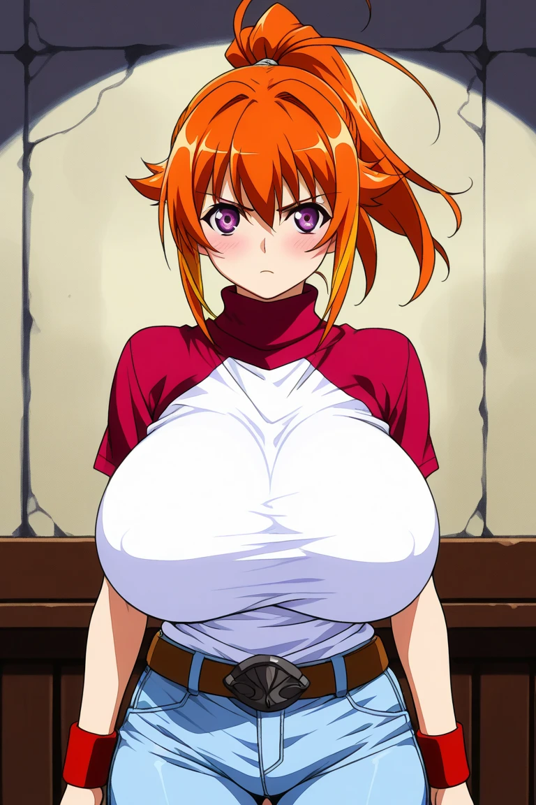 (very seductive pose), wedding accesoris on her head, wedding dress, church background, mei terumi, solo, takeda hiromitsu style, anime cels style, best quality, high resolution, (huge breasts:1.3), cowboy shot, blush, smiling, slim body, long hair, brown hair, green eyes, ((hair over one eye)), pink lipstick