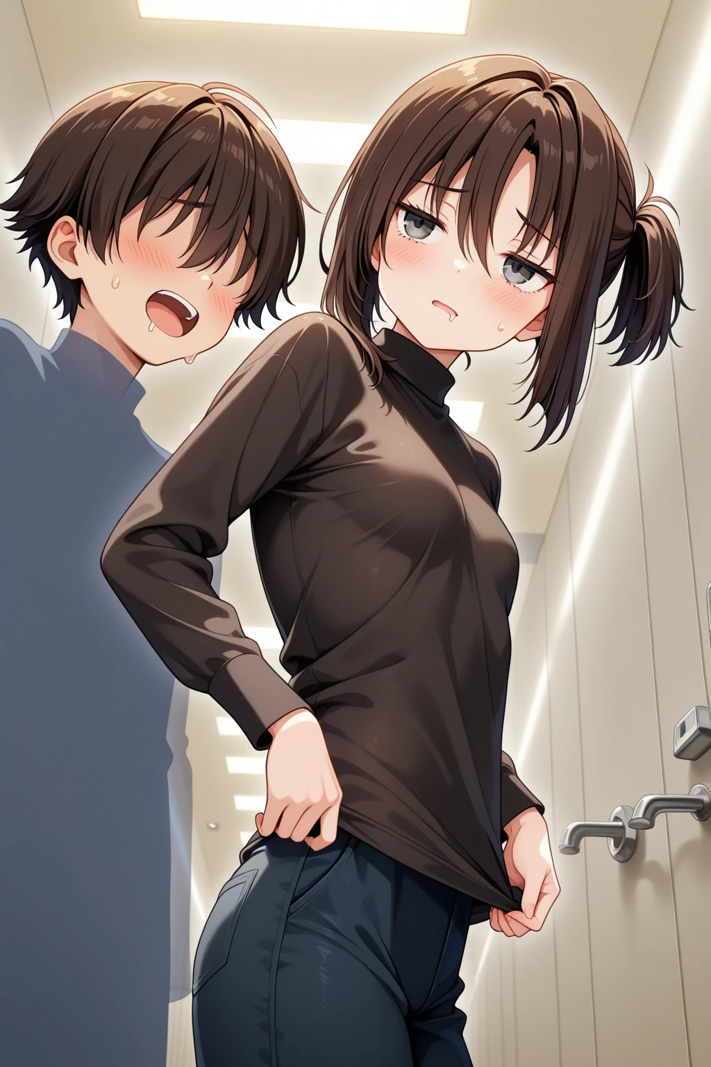 ((( masterpiece, highest quality))), ((girl)), 13 years old、NSFW、at close range、from below、orgasm、acme、feeling of climax、drunk eyes、cute、black hair、long hair、low ponytail、naked、nude, completely nude, no clothes, NSFW, belly button、Life、anger、anger look、anger、((close)), ((flushed)),,,Sweat、perfect lighting、Natural light、perfect composition、locker room、dark room