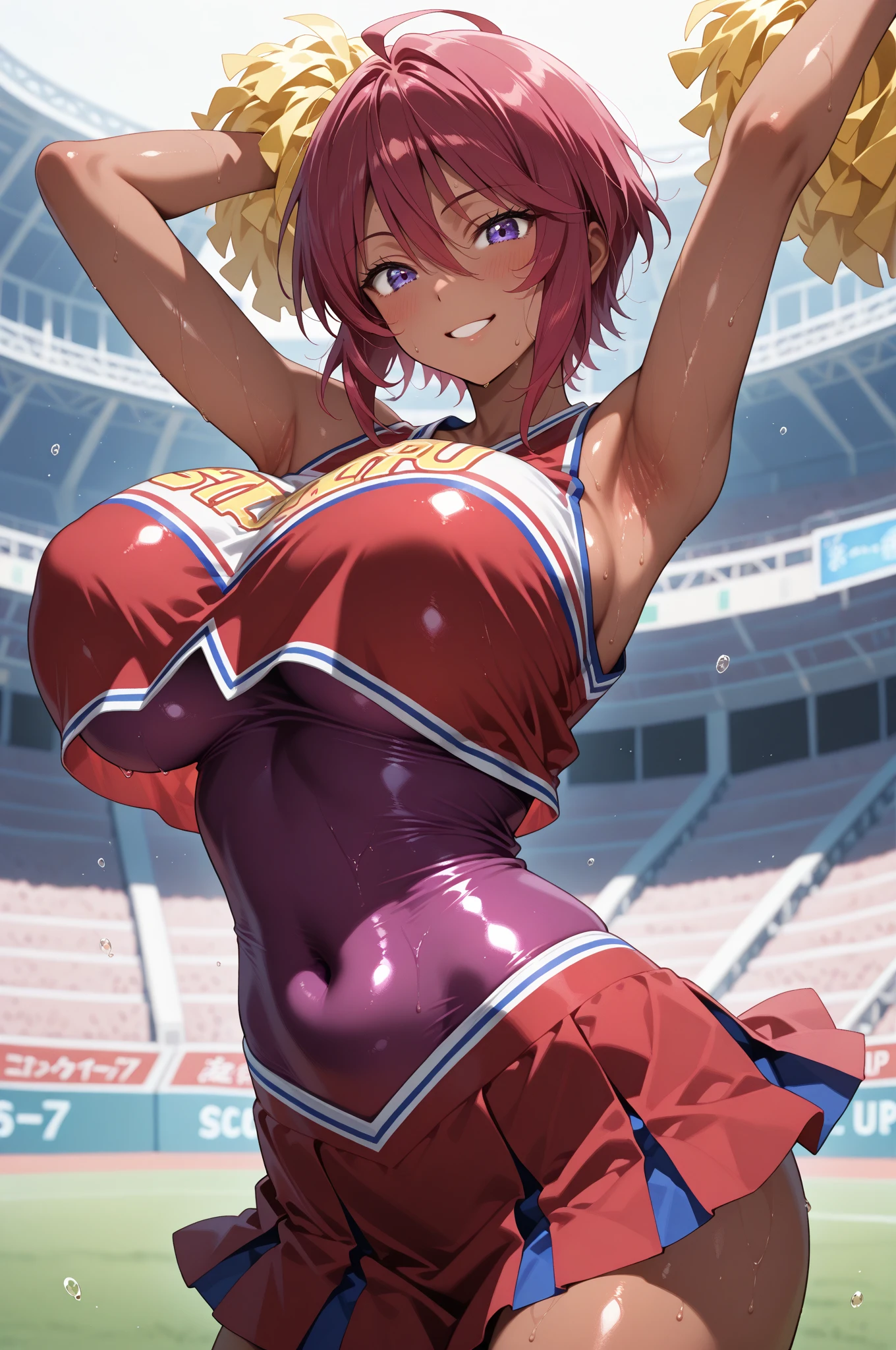 masutepiece++, Best Quality++, ultra-defined++, ultra-defined++,4K++,in 8K++, Highly detailed,
(Pink Cheerleader Costume, shirts lift, Mini Skirt Lift:1.3), Rat trail section, Midriff, (under the boobs:1.2),
(From below:1.2),
Shiny skin,
(large boob:1.2),
Sweat, Dynamism,
Perfect hands,
Open mouth, Surprised, (Full face blush:1.2),
School Grounds, Sunshine,
Yuigahama Yui, Pink hair, Hair bun,
Looking at Viewer, Focus,