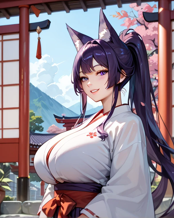 yae miko, anime style, (masterpiece:1.35),(bestquality:1.4),8k,ultra-detailed,photography,(ultra-realistic:1.4),film grain,Fujifilm XT3, 1girl, adult, (sexy Asian female:1.45), solo, female focus, open skirt, traditional chinese background with cherry blossoms, long Hair, pink hair, Seductive Smile, (purple eyes), (breast cleavage), two legs, smooth thighs cleavage, (body laying on bed)!!!, armpit, symmetrical hair ornament, hand pose, red lips, (wear stocking)!!, super seductive temptation, (animal ears) !!