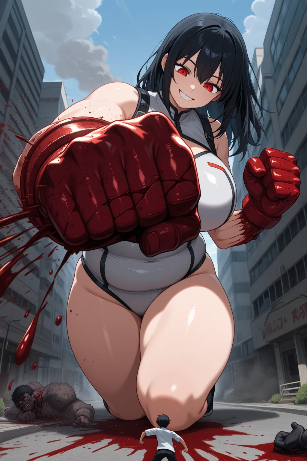 girl defeats man, girl kills man, girl is bullying a man, femdom, queen, girl is separated by blood from man, Blood on the belly, girls has big breasts, giri is curvy, girl is tall, girl has sword with blood, girl cut off head of man, girl exposes belly, shot from below
