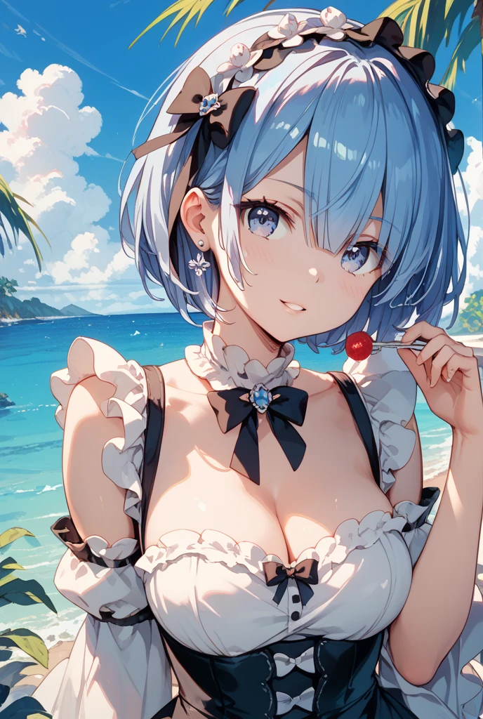 masterpiece, best quality;1.3), ultra detailed, ooking at viewer, rem_re_zero, Facial close-up,blue hair, short hair, hair ornament, cleavage, detached sleeves, masterpiece, top quality, best quality, 1 little girl, swimsuit party, in the water,fish,watermelon,cute style, perfect structure, summer theme，（White yarn bikini：1.2），Hand held ice cream，