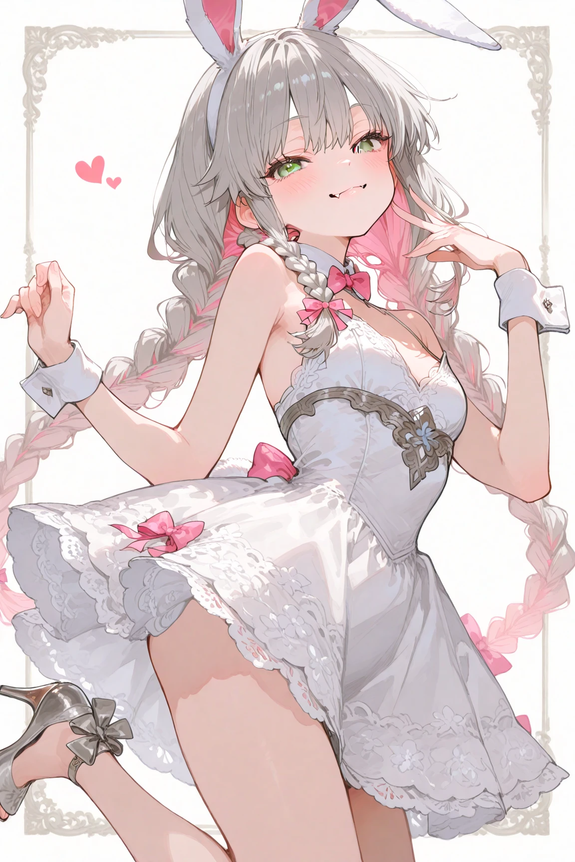 master-piece,hyper quality, hyper detailed,perfect drawing,1 beautiful girl, holding a large bouquet, white bikini, rabbit ears, rabbit tail, rabbit palm, rabbit paws, rabbit fingers, double eyelid big eyes, , gray hair, drooping eyes, height 65cm, three sizes B95W60H90, fluffy, kneeling, pow pause