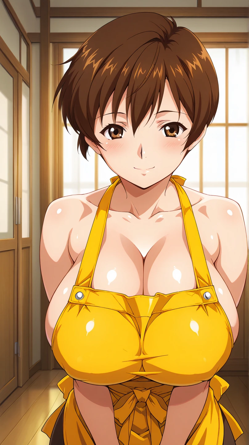 masterpiece, highest quality, High resolution, One girl, alone, sexual intercourse, Pornographic images, short hair, etsukoto, Fine grain, Fine grain, (((Thick thighs, Plump thighs, Voluptuous thighs, Enough thighs))), Big and ample breasts, Cleavage, Huge long breasts, Naughty big,((Big breasts are important))、((Naughty thighs)), L Cup, (thin:1.4),(Narrow waist:1.4), (Perfect beautiful yellow dress:1.4), ((white waist apron)), Embarrassed look, avert your eyes, (((simple background))), ((White panties)), ((Wide Hips)), Shiny oily skin, Mature mother, Calf, Seductive mature woman, Perfect body, (((Thick))), Plus Size Model, etsukoto, blush, clavicle, retro artstyle, 1990s (style), ((((bent over)))), bare cleavage, (nsfw),