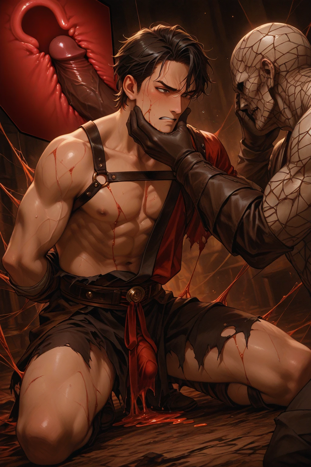 Two cum-covered naked guys having sex with penises, multiple guys, reluctant faces, badly torn clothes, half-torn clothes, orgasmic faces, drool, lots of tentacles, half-torn business suits, buttholes. A large amount of semen comes out. There will be many. White translucent slime, hot anime fantasy image of a man in focus, half torn business suit, dark hair, muscular, short hair, tentacles, muscular man, nude, several men, open mouth, butt , homo, gay, testicles, multiple men, limbs tied to tentacles, lots of semen coming out of their assholes.Semen splatters, glove on one hand