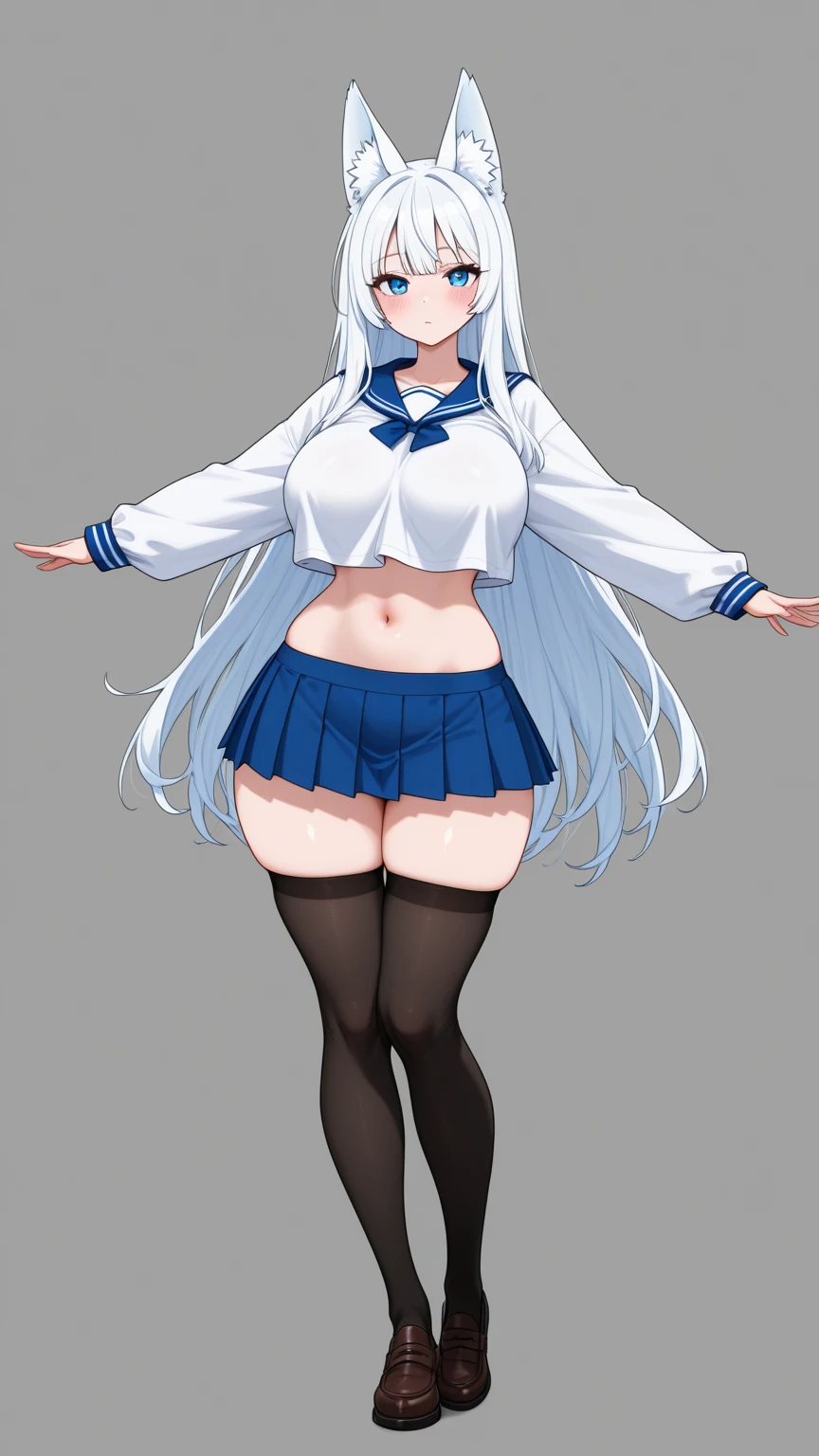 1 girl, petite, solo, long hair, skirt, water collar, black hair, belly button, look, black dress 7, mini skirt, barefoot, see-through, neckline, crop top, pleated skirt, water, school uniform, mid-belly, shirt, serafuku, double tail, extra long hair, full body, miniskirt, bare shoulders, white shirt, blue eyes, bare legs, wide hips, thick thighs, huge breasts, black water collar, bangs, stomach, blue collar, parted lips, floating hair, standing, legsupsexms, (NSFW: 1.2)