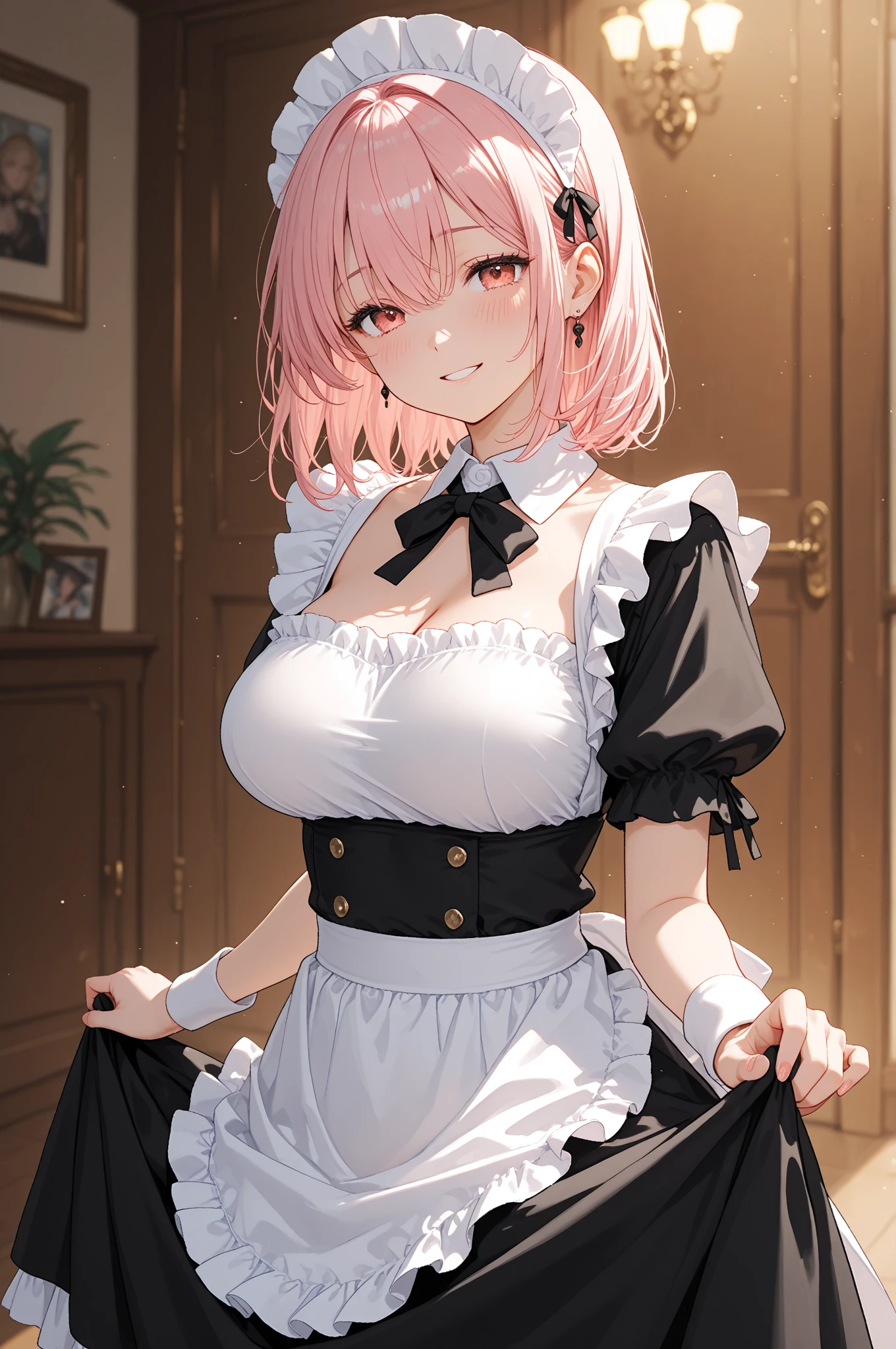 1girl, natural lighting, masterpiece, highly detailed, illustration, game CG, absurdres, high quality, aichan, large breasts, beautiful detailed eyes, medium bright pink hair, bangs, glossy lips, light smile, blush, maid, short puffy sleeves, small maid apron, thigh highs, collarbone, cleavage, (maid cafe)