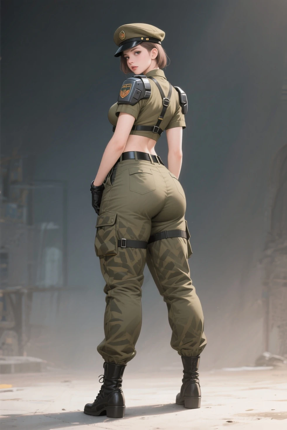 (masterpiece, top quality, Best quality, official art, Beautiful and aesthetically pleasing: 1.2), (1 Girl), extremely detailed, (fractal art: 1.3), as detailed as possible, Focus on the lower body, lower body, HDR, ), vivid visual effects, (dynamic stripes, Glowing footprints: 1.2), back view, nude, hip focus, sexual, wide hips, fat figure, completely naked, press, muscular, is, is focus. I look at the viewer, looking back, detailed face, Detailed eyes, perfect face, Perfect eyes, will, wearing overalls, overalls, Bare thighs , hot girl, Ada Wong