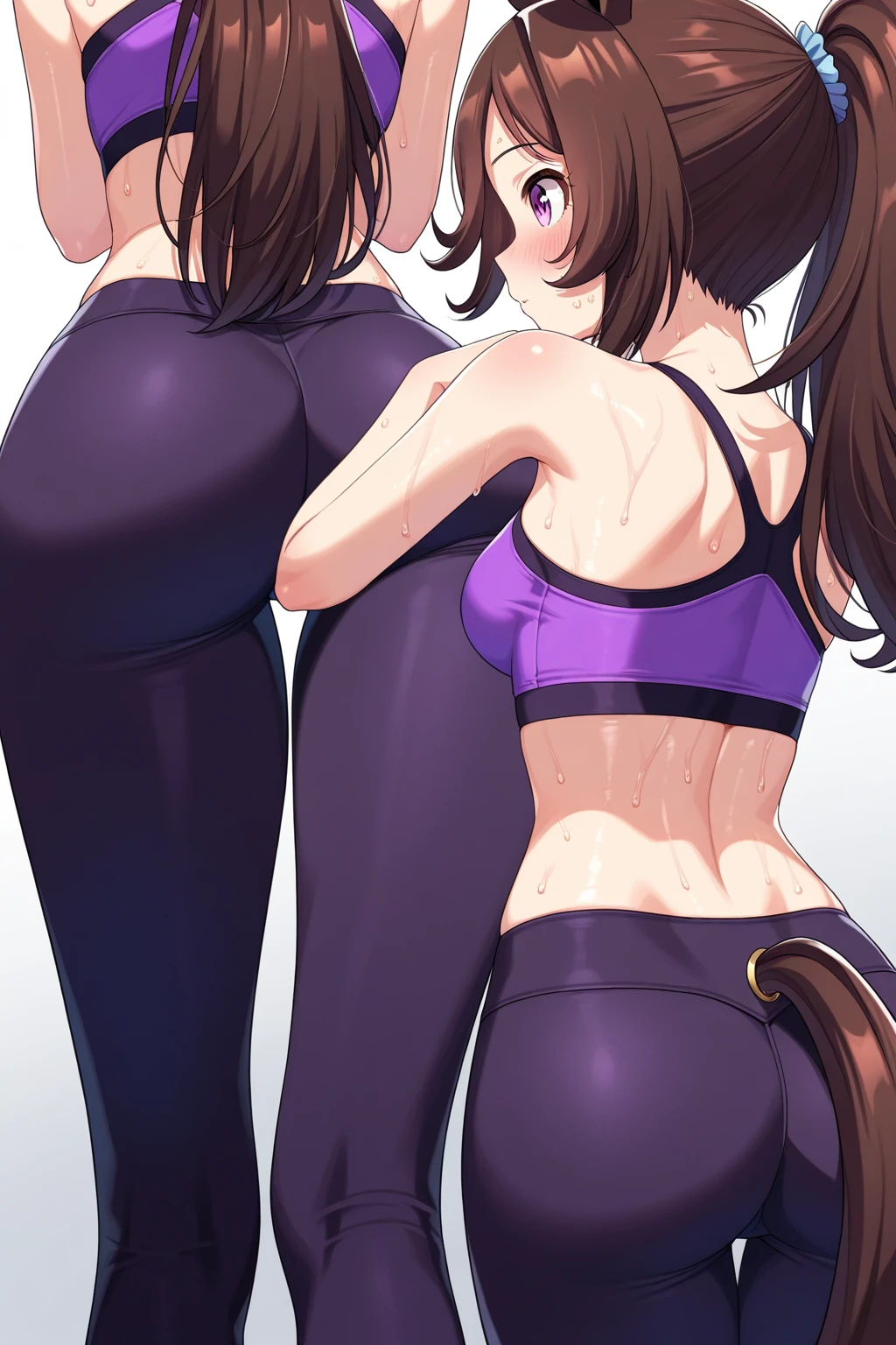 2 Asian girls farting in front of other girl, desperate to poop, in gym, farting while working out, stomach growling, wearing yoga pants and exercise clothes, malaysian chinese girl, tomboy, stomach bloated, hands hugging stomach, pained expression, shocked and embarrassed, mouth open in shock, blushing, beautiful and cute face, anime art style, fit body, tall and thin, view from front