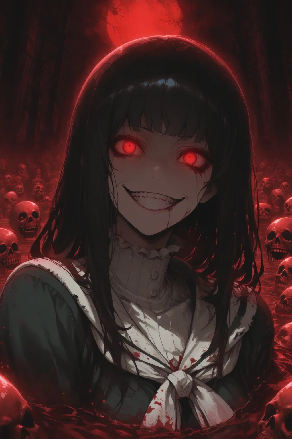 dark art, thick outlines, comics, photorealistic, perfect hands, masterpiece:1.2, ruined city at night, crazy, smiling, 1 girl, knife in hands, blood, cardigan, serafuku, black skirt, neckerchief, big breasts, detailed background, detailed face, detailed eyes,