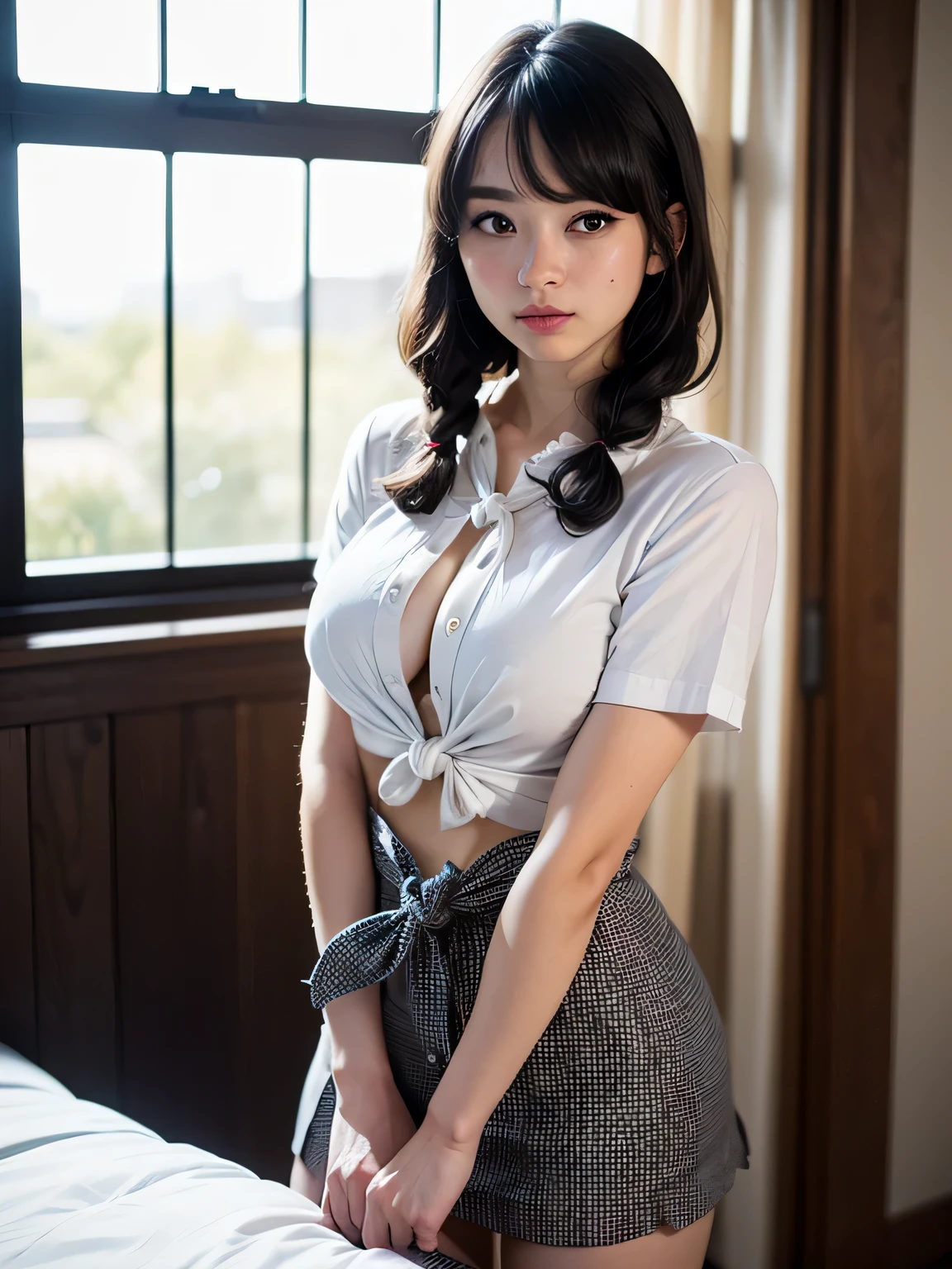  Adorable, classroom、 Thighs、Japanese Girls, (Portraiture, close:1),Curly shorthair,  Scrunchie,( cheek,Glossy Lips:1),Ruffled Uniform、 View your viewers,  ,Sweaty, (Baby Face),   (Embarrassing, smile:0.7), (Pale skin:1.1), (From the side), sunset,  catch_Light, 
