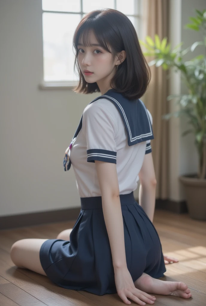Precautions for surfing the web,(((perfect anatomy, Anatomically correct, very detailedな肌))), 1 woman, Japan, high school girl, Shiny skin, Observe the audience, ((back view, from below)), Beautiful hair, Beautiful face, beautiful details, (short hair:1.1, Bob cut:1.2), dark blonde hair:1, blue eyes, Young face, Mole under the eye, beautiful collarbone, beautiful body, beautiful breasts, big breasts:0.5, beautiful thighs, Beautiful feet, camel toe, ((short sleeve, cute sailor outfit, all dark blue, Dark blue pleated skirt, blue sailor collar, sailor scarf, sock, รองเท้าไม่มีส้นสีtearล)), Fascinating thighs, (red slave collar), ((Embarrassing, afraid, beard, tear, cry, Open your mouth halfway.)), standing, (((lean forward), Remove, Lift one leg., pull on white panties)), (Beautiful view), summer, school, Locker Room, 8K, Highest quality, Masterpiece:1.2, very detailed), (realistic), beautiful illustrations, natural light, whole body,