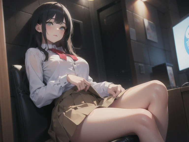 (1girl:1.3), Masterpiece, Best quality, amazing beauty, 4K, absurdres, finely detail, super detailed eye, perfect anatomy, official art, cinematic lighting, BREAK, Park, silky medium hair, black hair, Staring Intently, shy, BREAK , big breasts, fair skin, head tilt, BREAK , (school uniform:1.2), BREAK,()