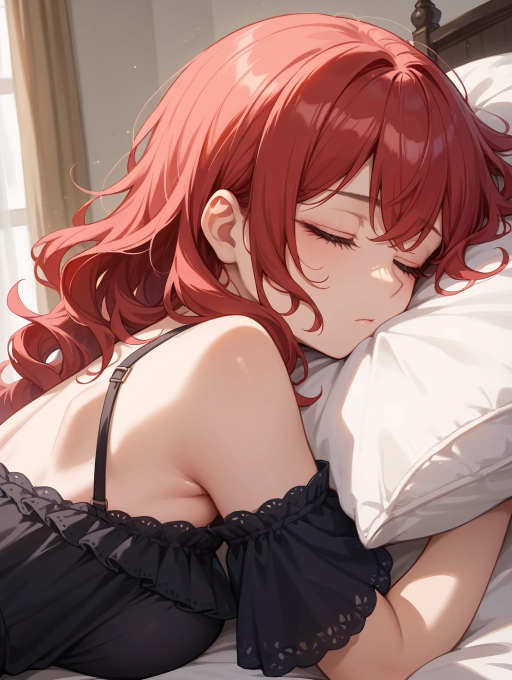 (absurderes、Absolute resolution、incredibly absurdness、hight resolution、ultra-detailliert:1.0、Official art)、​master piece, Sharp Focus ,Delicate Beautiful Hair and Eyes and Face, Lifelike, Hyper-detailing, a matural female, Dynamic Hair, slender,Nudists, (Wearing black tights and white low-rise ),natural(Colossal :1.2),  of the ,((The areol)),(teats),(( )), Beautiful cute woman,Wet in the rain,(Delicate pale red hair),(length hair),delicate dark green eyes, , , A look of frustration,(Lying face down on the bed), Lying face down, (Hug a pillow), , thighs thighs thighs thighs,  legs