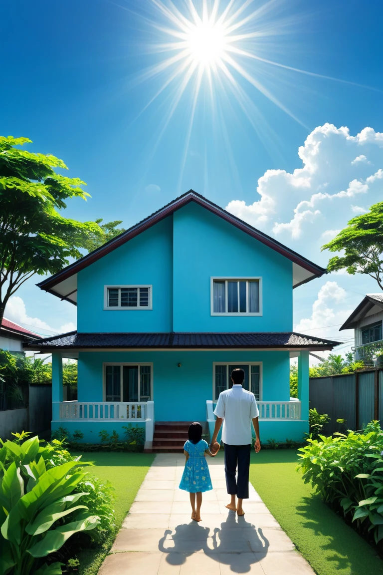 Genera una imagen de una familia feliz, compuesta por dos padres y dos hijos, sonriendo mientras sostienen las llaves de su nueva casa frente a la puerta principal. La casa debe ser moderna y acogedora, with a contemporary design, grandes ventanas y una puerta principal elegante. Make sure the garden is well maintained, with green grass and colorful flowers, y que haya un cielo azul claro en el fondo. The image should convey a sense of achievement, felicidad y tranquilidad.
