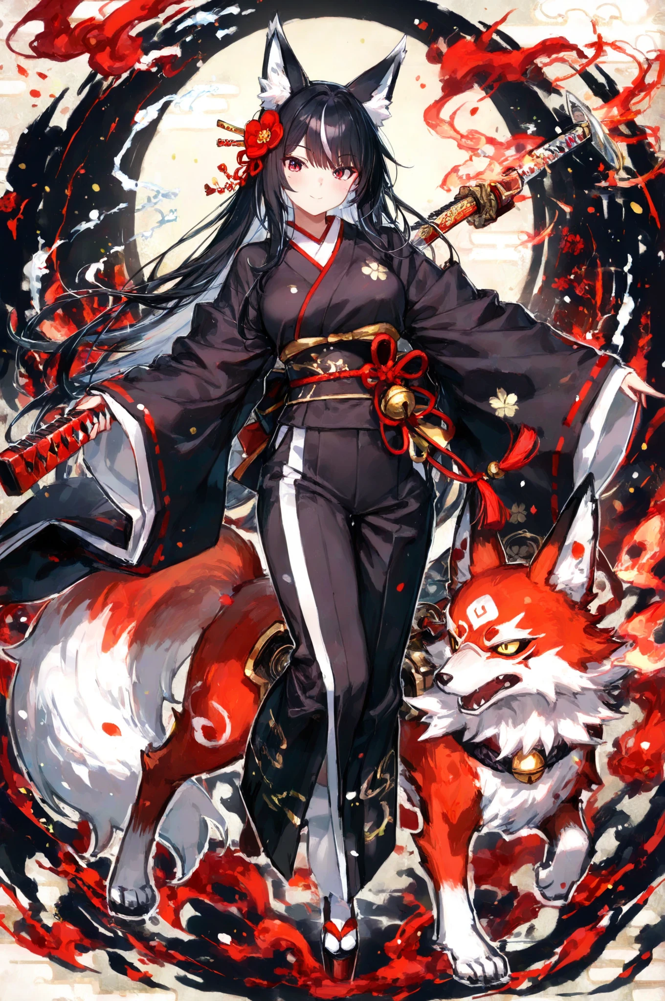 Black hair,Yellow pupil,Black fox ears,There is a flower on the left ear,in a kimono,With a knife in his hand,Eyes resolute,Front half ,standing in a dark,The pupils glow,The knife is held in front of the chest,There are splashes of blood in front,Determined eyes