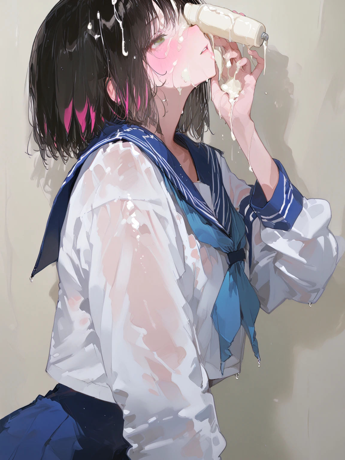 (((masterpiece, Highest quality, High resolution, 超High resolution, Pixel perfect, Written boundary depth, 4K, About RTTX10.0))), Beautiful Anime Women, Beautiful art style, Anime characters, ((Smooth texture, Realistic texture, Anime CG Style)), Exact finger count、Exact number of legs、(Exact number of arms:1.0, Exact number of hands:1.0), (Perfect hands, Perfect Anatomy), Cinematic, Realistic, Highly detailed CG, Daytime lighting, Perfect lighting, Best Shadow, The best natural light, whole body, Perfect body, (Slender body:1.2), whole body, ((bangs, Dark brown hair, Bobcut)), ((One woman is standing with her hands in her panties, looking up and with her mouth open:1.6)), (Put your hands in your panties, fingering:1.8), ((Beautiful eyelashes)), ((Detailed face, Blushing:1.2)), (Beautiful and large breasts:0.9), (Amazingly beautiful girl), (School classroom:1.3), (Fashionable white shirt, Sailor collar, Navy blue sailor suit, Knee-high socks, Navy pleated mini skirt:1.3), (Open your mouth wide:1.5), (セクシーでcuteパンティ, Shiny satin side-tie light blue panties, Light blue panties with a plain center and lace on the sides:1.3), The skirt is flipped up, ((close your eyes:1)), ((cute, Sighing expression)), Breathe with your shoulders, sexual pleasure expression, Holding in pee、Patience is the limit、On the brink of climax, (Perfect Anatomy, Perfect number of arms, Perfect hands)、(cum on face, cumin mouth:1.7), Look up, A 'Phew' sound, Surprised expression, Angle from above right, (My face is covered in sticky white liquid, There is a lot of sticky in the mouth:1.7)