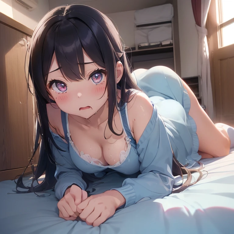 ((Highest quality)), ((masterpiece)), ((detailed)), ((One girl)), ((nymph)),10 years old, Black Hair,(Childish face), (Straight Hair),Medium Breasts , ((topless)), ((Blue eyes)), half-smile , ((white Bathrobe)) , natural Light ,Bedroom ,((close_up)), ((extreme_close_up)) , ((crawling position)), (seductively posing),