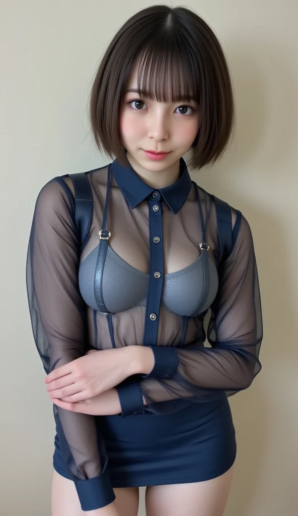 (masterpiece), (8k, best quality, high resolution), (ultra-detailed, realistic), (anatomically correct),
((from head to thighs)), (Standing), (No background),
(1woman), (looking at viewer), ((pull the dress up to the navel)), (To show the navel),
(A Japanese woman, 30 years old and 155cm tall),
(black hair), (straight hair), (short hair style), ((bob cut)), (hair behind ears),
(wear glasses), ((black cell frame glasses)),
((Wear a navy blue spaghetti strap dress)), ((Mini length dress with a simple design and minimal decoration)),
(wear panties), ((white panties)),
(Create a detailed image of the eye),
(Her impression is pure, clean and kind.),
((A captivating smile, just showing a few teeth.)),