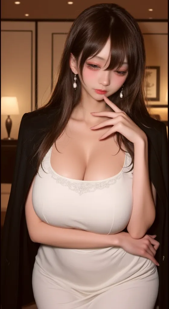(8K, RAW photo, Photorealistic:1.25) ,( Gloss on lips, eyeslashes, gloss face, Glossy glossy skin, Best quality, 超高分辨率, Depth of field, color difference, Caustics, Broad lighting, naturalshadow, Kpop idol) tmasterpiece，Best quality，Portrait of 1girl，((best qualtiy)), ((tmasterpiece)), (the detail:1.4), 3D, hdr（HighDynamicRange）,Ray traching,NVIDIA RTX,Hyper-Resolution,Unreal 5,Subsurface scattering、PBR Texture、post-proces、Anisotropy Filtering、depth of fields、maximum definition and sharpness、Many-Layer Textures、Albedo e mapas Speculares、Surface coloring、perfectly proportions、rendering by octane、Two-colored light、largeaperture、Low ISO、White balance、the rule of thirds、8K raw data、Raised translucent top, Smaller top, Smaller white lace shorts, Raised, Mature feminization, Flattering eyes, White lace translucent top，Flat naked abdomen, Snow-white thighs, White lace stockings, Bare arms, Mature charm deep V open neck, Long reddish-brown shiny hair, White lace translucent shorts perfect figure 9-head beauty body contains thunderbolt