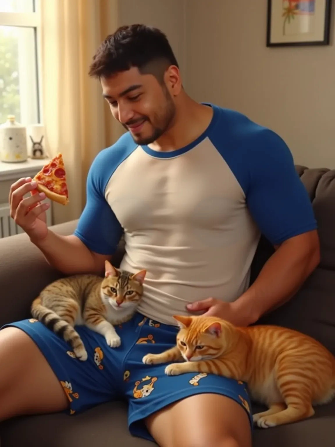 A sad pot-bellied kitten with a messi gold iphone 15 with butcher&#39;s boots with jonny erpis hair