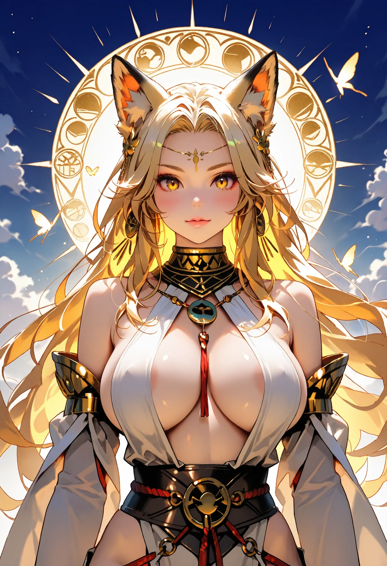 1girl, deep neckline, short skirt, open belly, no panties, Blonde, ganguro, gyaru, harpy, cebtaur female, , looks rich, rich lady, dark skin, tattoo on ,