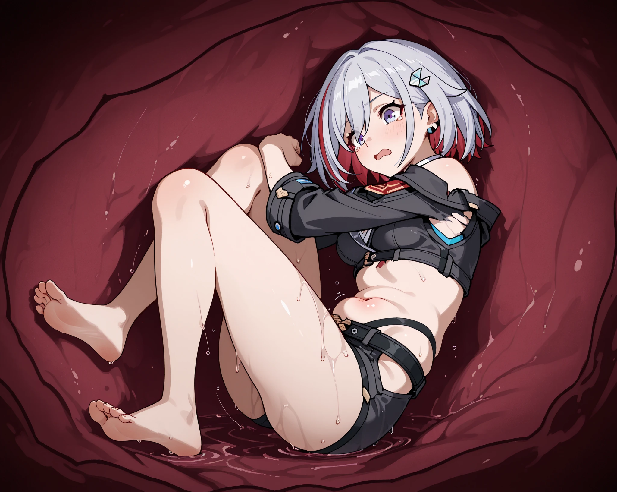 ((((masterpiece, best quality, high resolution)))), 1girl, , white hair, red eyes, short wavy hair, average breasts, wet , blush, ahegao, angry, glow, thighs, bare shoulders, collarbone, narrow waist, cleavage, (beautiful detailed face, beautiful detailed eyes), OrigFullArm, full armed, cape, mechanical armor, breasts exposed, naked, clothes ripped off, (rough sex:1.4), (sweat), (used condom), used tissue, long slender thighs, perfect eyes, (creampie:1.2), (cum:1.5), (cum_covered:1.5), (cum_on_face:1.5), (facial:1.5), (:1.5), crying, tears, forcefully, wide eyes, shocked, cum, cum string, cum filled, spreading, legs_spread, (creampie), lying_on_back,