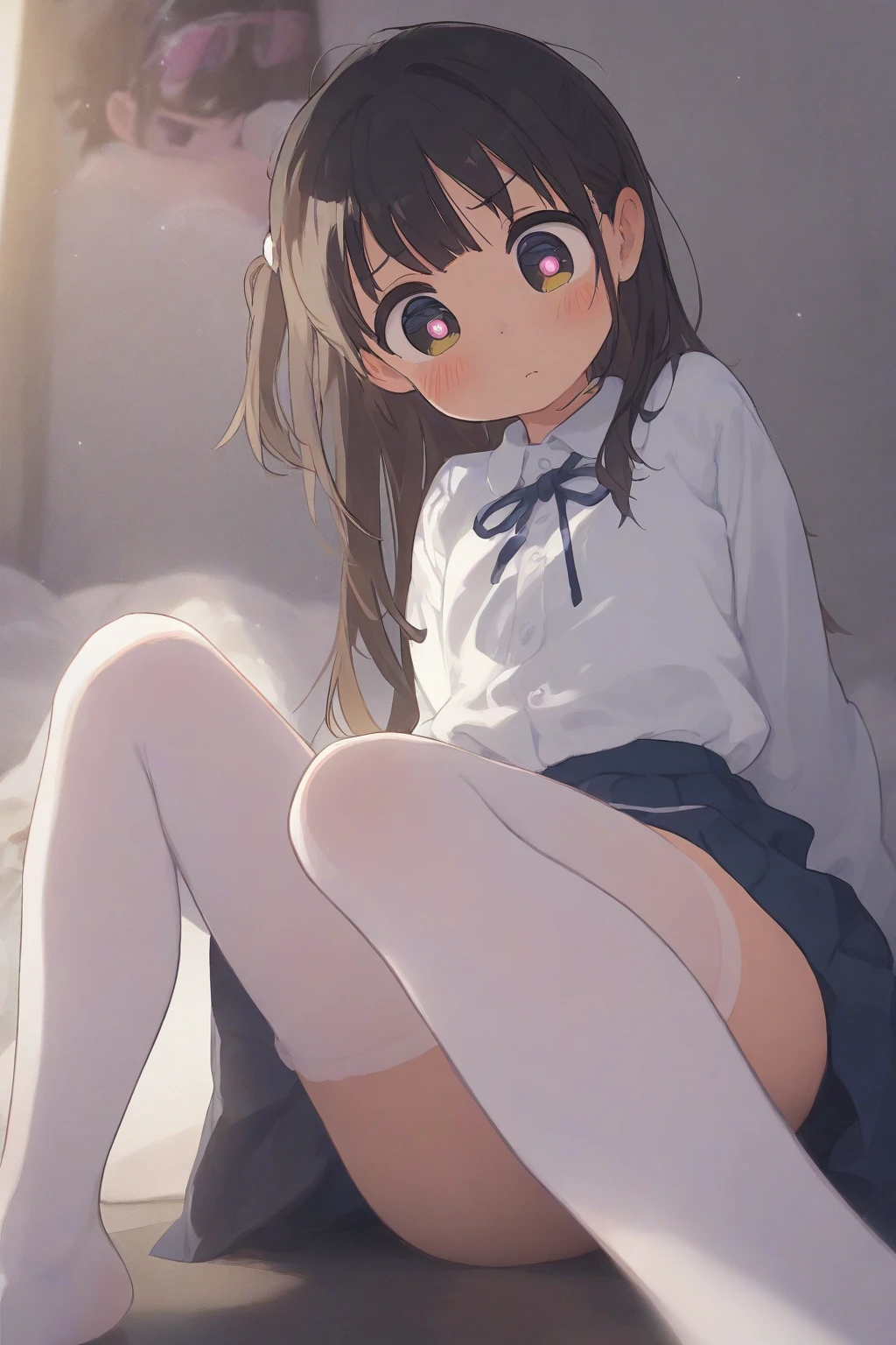 (black thighhighs1.2)、black socks above the knee、Nsfw、top-quality、Top image quality、masterpiece、12 year old girl、skin gloss、huge tit,Dynamic super close-up shot looking up from below with large breasts、Emphasize thick thighs、 Pink tight-fitting T-shirt 、Denim Micro Mini Skirt、Face smile、(white panty:1.5)、Emphasis on the streaks of the panties、Versatile sexy poses、Lift skirt、hairaccessories、Plump thighs、full-face blush, embarrassed、opening legs(open legs:1.5)
