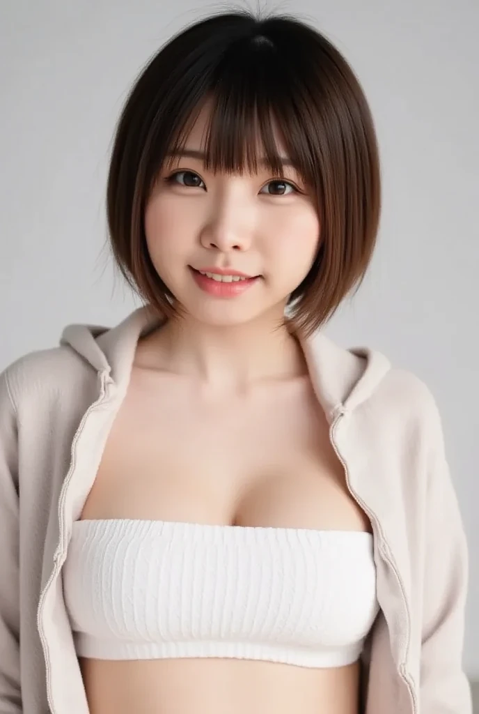 Nsfw,(High resolution:1.3), (16k, Photorealistic, Raw photo, Best image quality,multiple view: 1.4), Japanese, Beautiful Face, (A vivid face), Beautiful Hairstyles, Realistic eyes, Beautifully detailed eyes, (Realistic Skin), Beautiful skins, attractive, 超A high resolution, Surreal, High detail, Golden Ratio, Highly detailed cute girl,(20-year-old)、Detailed Background、(Many passers-by:2.0、Detailed face、Well-formed face), ((boob flash)),                                                                                                                                                   (brown haire,very short hair,Bob Cut,gigantic  breast,large hip, cleavage,black collar:1.4),Laugh,smile,nipples,navel, (naked on hoodie:1.5),(back view ,doggy style:1.3),