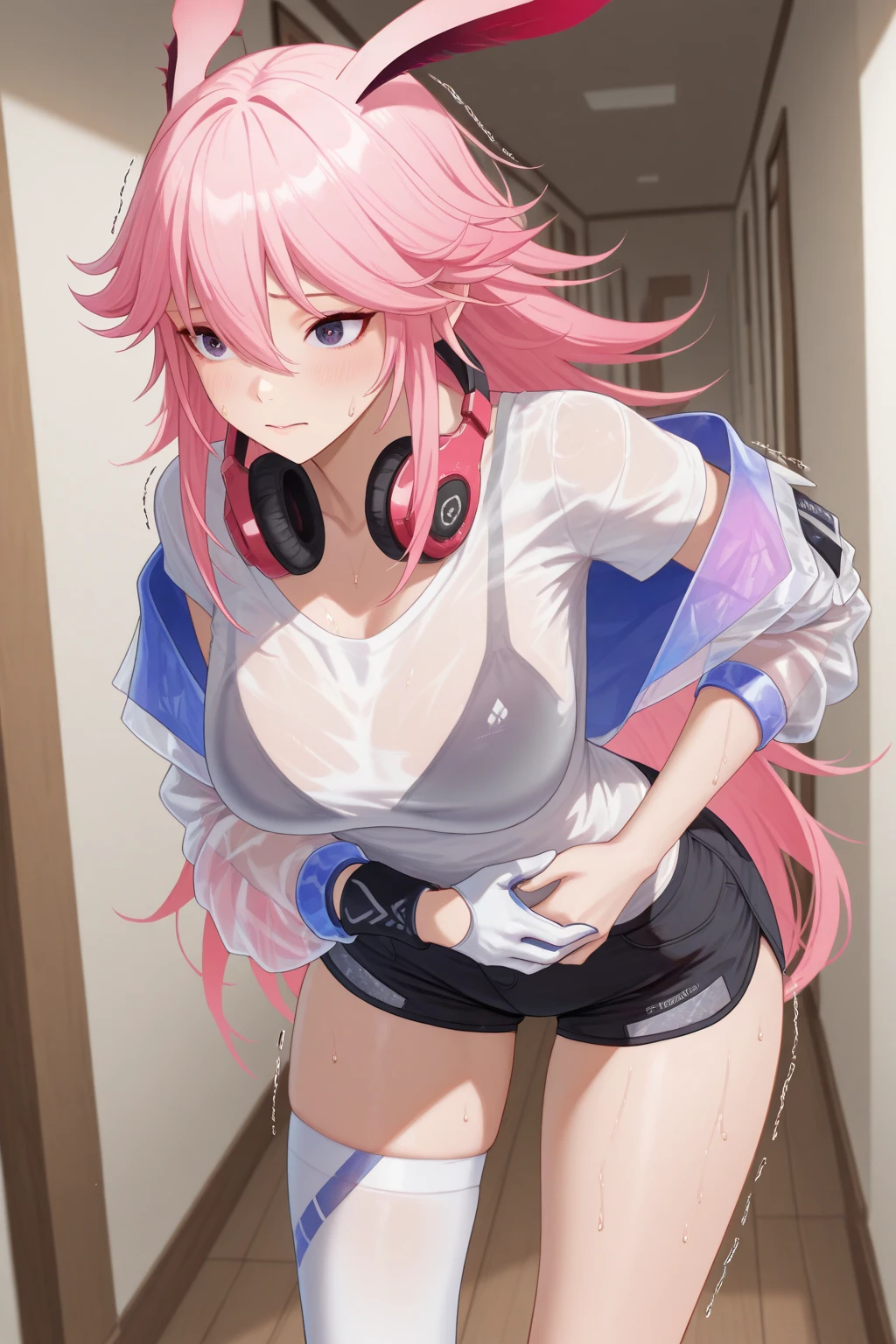 <lora:elesa_oufit_bw2-10:1> elesa_outfit_bw2, headphones, headgear, navel, fur coat, yellow coat, open coat, coat, jacket, yellow jacket, open jacket, crop top, shorts, short shorts,  <lora:AstolfoFate:0.8> astcasual, single braid, hair bow, hair ribbon,, absurdres, ultra detailed, masterpiece, best quality, aesthetic, detailed,